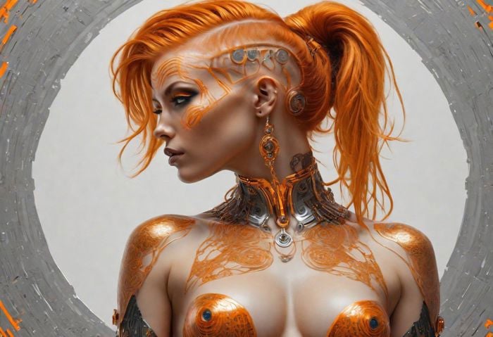 breathtaking portrait of naked female looking at viewer, orange hair, neon colours cyberpunk ornaments, in the style of gothic futurism, monochromatic symmetry, intricate embellishments, eerily realistic, yup'ik art, photo-realistic techniques, porcelain, subsurface scattering, Photorealistic, Hyperrealistic, analog style, realistic, film photography, soft lighting, heavy shadow . award-winning, professional, highly detailed