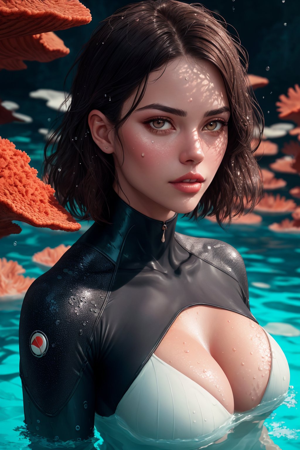 mature woman, 1girl, round breast, soft light,
(corals swimming tropical),
(natural skin texture:1.2), sharp focus, focused, puffy lips, natural lips

masterpiece, highres,
realistic, dark fantasy, colourfull 
intricate background, futuristic bodysuit,

detailed, intricate detail, octane,