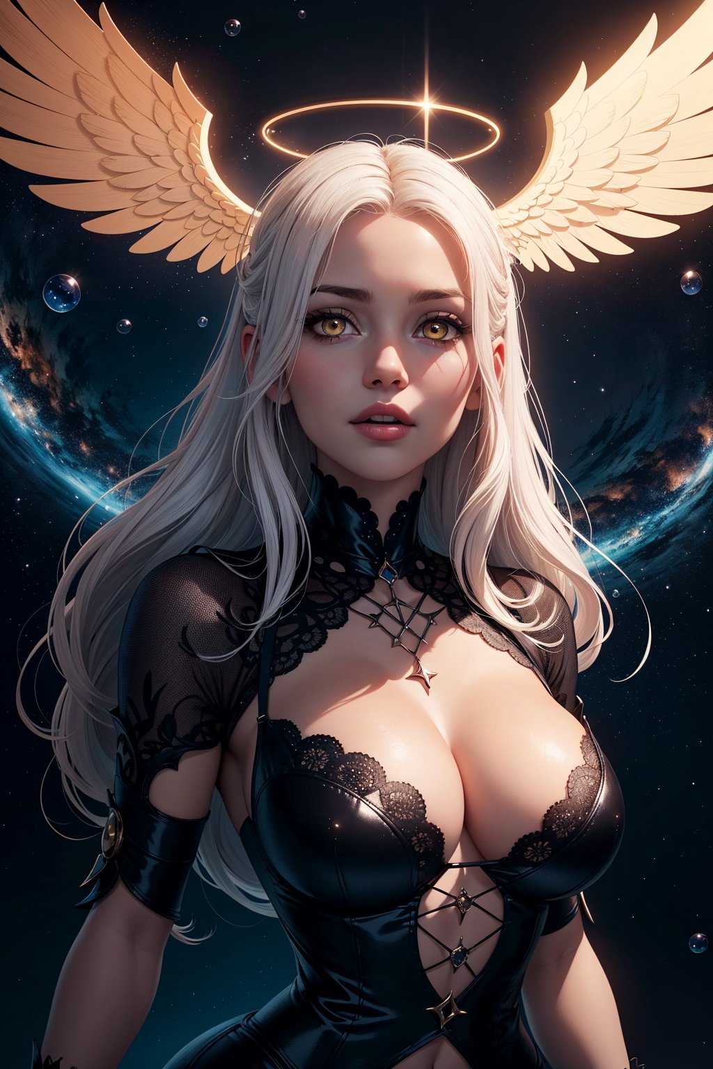 1girl, white hair, golden eyes, long hair, (glowing halo, angel wings), serene expression, big bubble breasts, looking at viewer, Cute and adorable cartoon, fantasy, dreamlike, surrealism, super cute, gothic, macabre, eerie, unsettling, dark, spooky, suspenseful, grim, highly detailed, space, solar wave