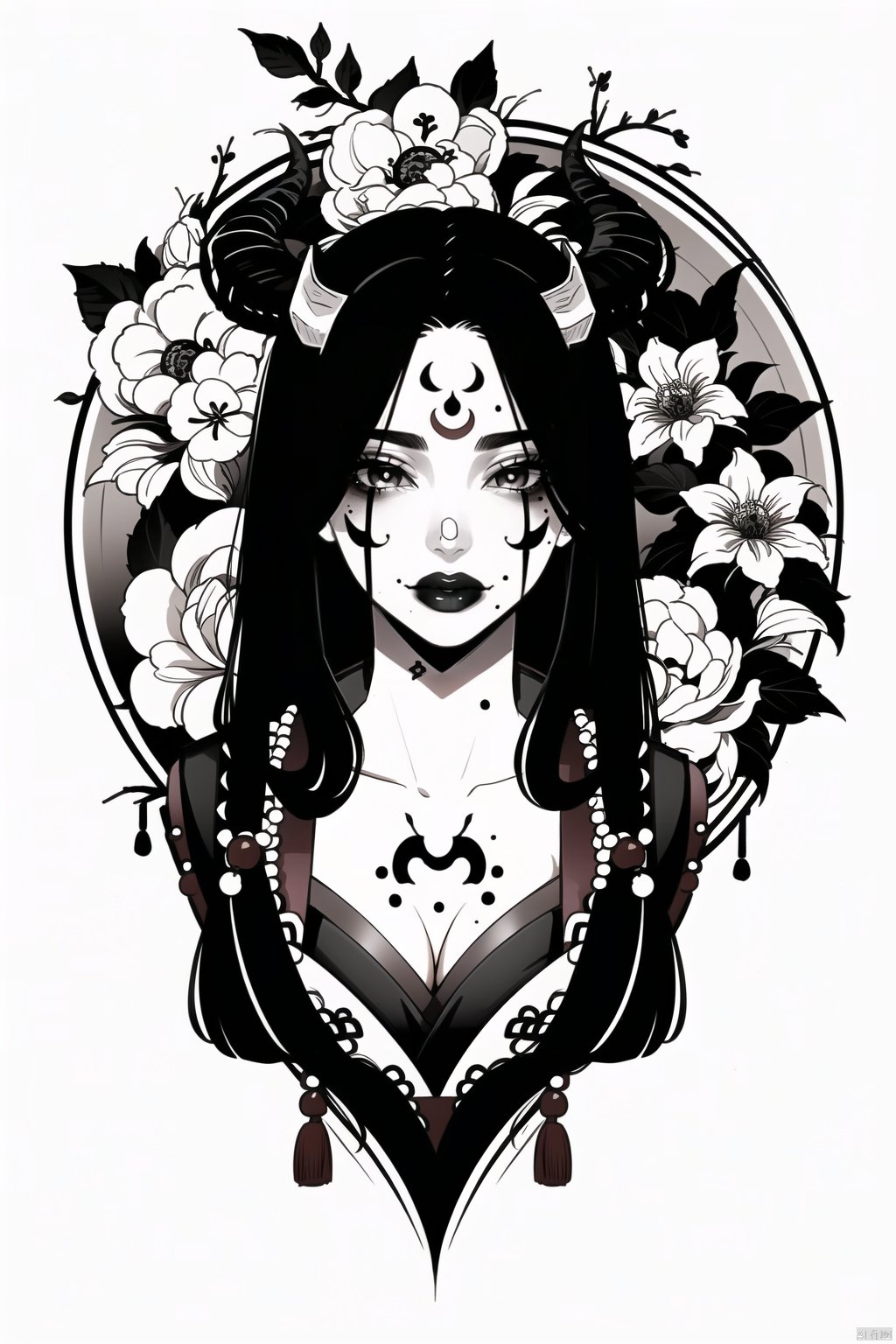 qzhsws, 1girl, solo, mole, mole under mouth, horns, long hair, tattoo, makeup, looking at viewer, hair ornament, japanese clothes, flower, breasts, white background, kimono, upper body, spot color, cleavage, beads, simple background, branch, lipstick, facial mark, black hair