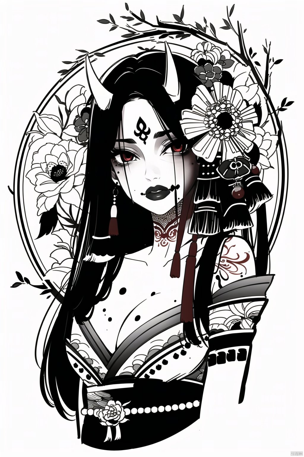 qzhsws, 1girl, solo, mole, mole under mouth, horns, long hair, tattoo, makeup, looking at viewer, hair ornament, japanese clothes, flower, breasts, white background, kimono, upper body, spot color, cleavage, beads, simple background, branch, lipstick, facial mark, black hair