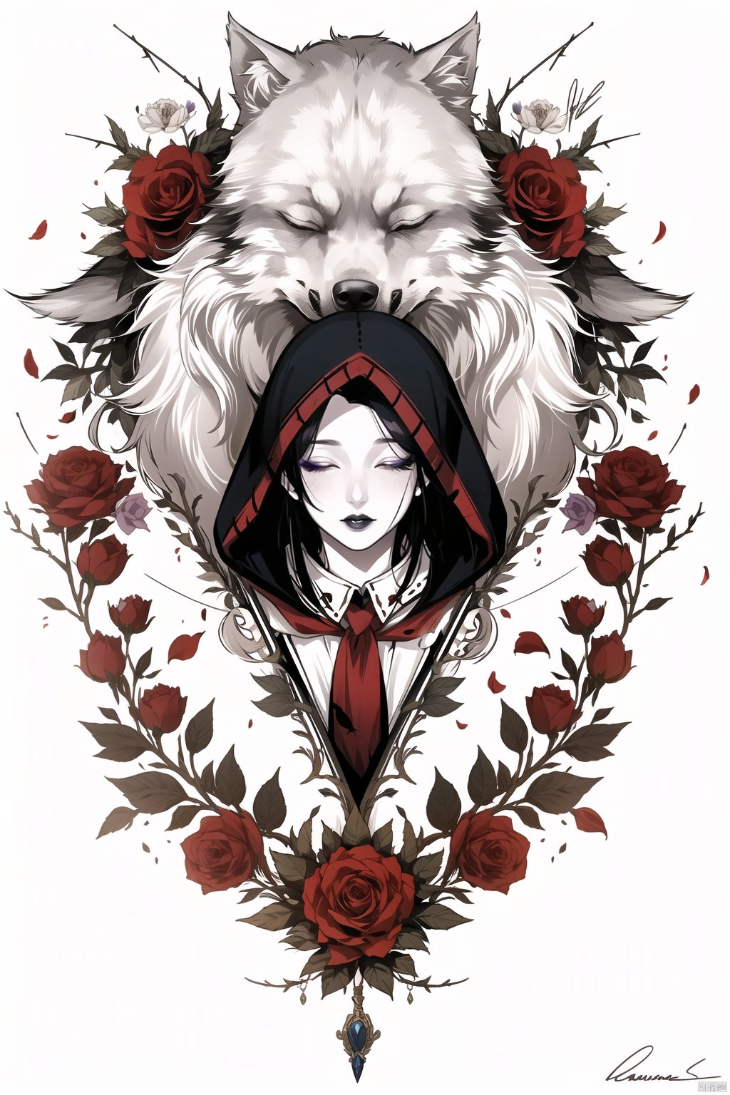 qzhsws, multiple girls, flower, wolf, weapon, sword, long hair, signature, hood, rose, 4girls, purple flower, thorns, makeup, wings, black hair, red lips, short hair, hood up, blue eyes, closed eyes, white background, petals, red flower, white hair, lipstick, plant