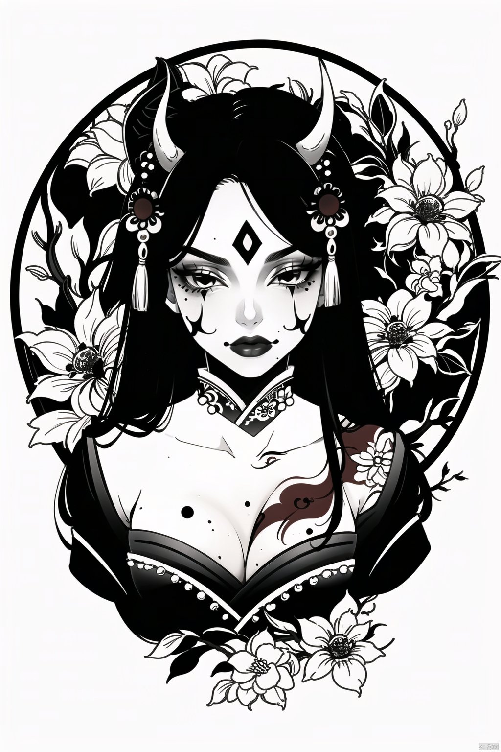 qzhsws, 1girl, solo, mole, mole under mouth, horns, long hair, tattoo, makeup, looking at viewer, hair ornament, japanese clothes, flower, breasts, white background, kimono, upper body, spot color, cleavage, beads, simple background, branch, lipstick, facial mark, black hair