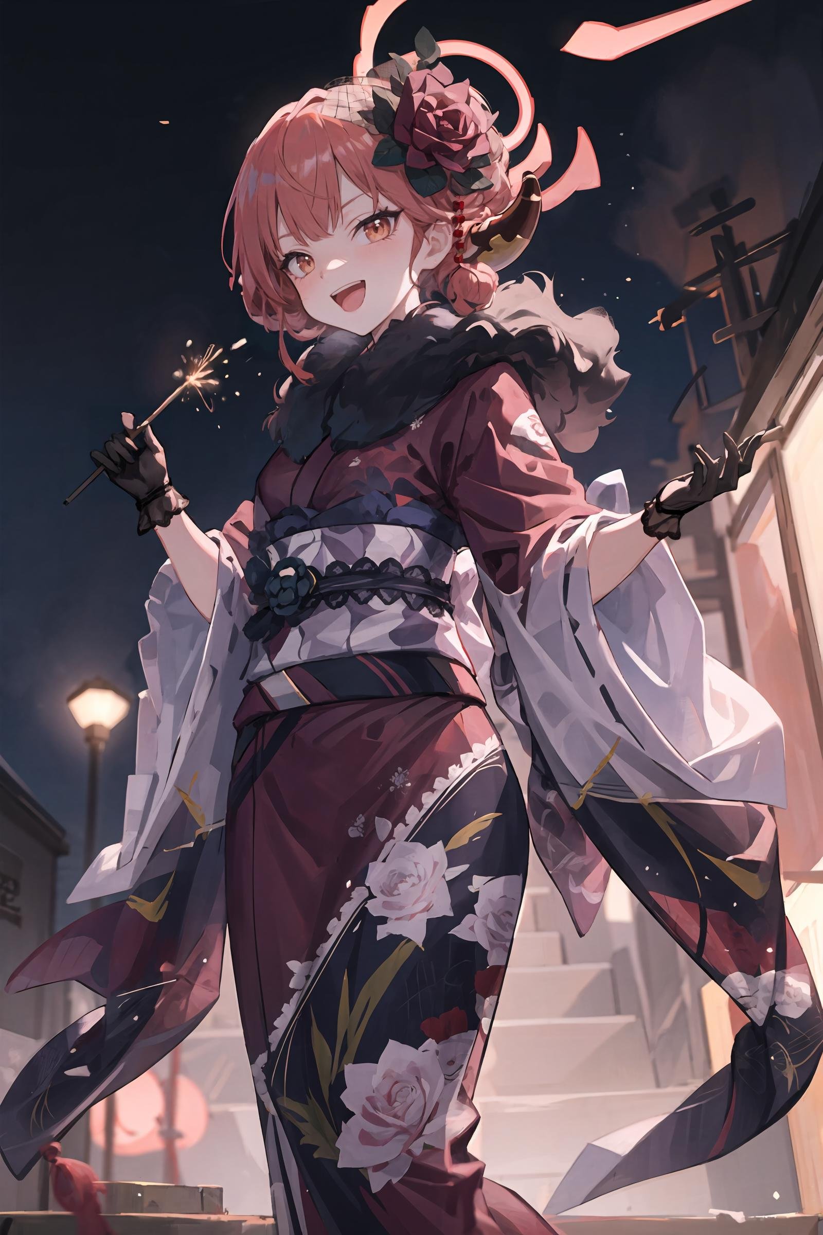 1girl, aru \(blue archive\), solo, fur-trimmed kimono, lace gloves, horns, hair flower, halo, obi, sash, tabi, single hair bun, standing, cowboy shot, holding fireworks, smile, open mouth, night, outdoors, blurry background, masterpiece