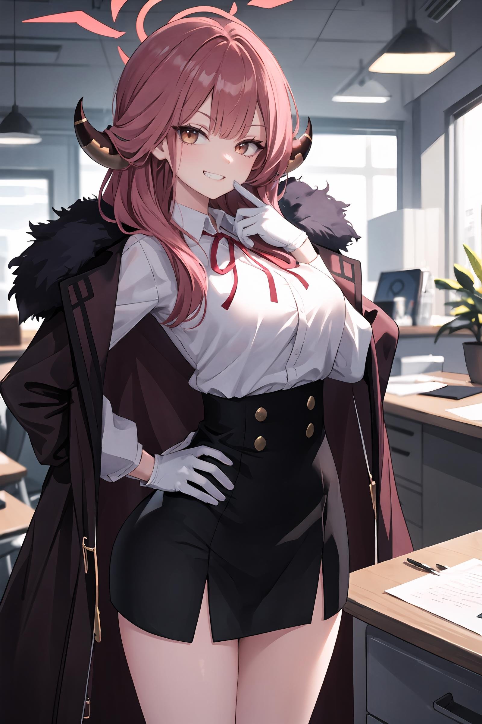 1girl, aru \(blue archive\), solo, halo, horns, high-waist skirt, white gloves, white shirt, fur-trimmed coat, neck ribbon, hand on hip, looking at viewer, evil grin, standing, cowboy shot, office, indoors, blurry background, masterpiece