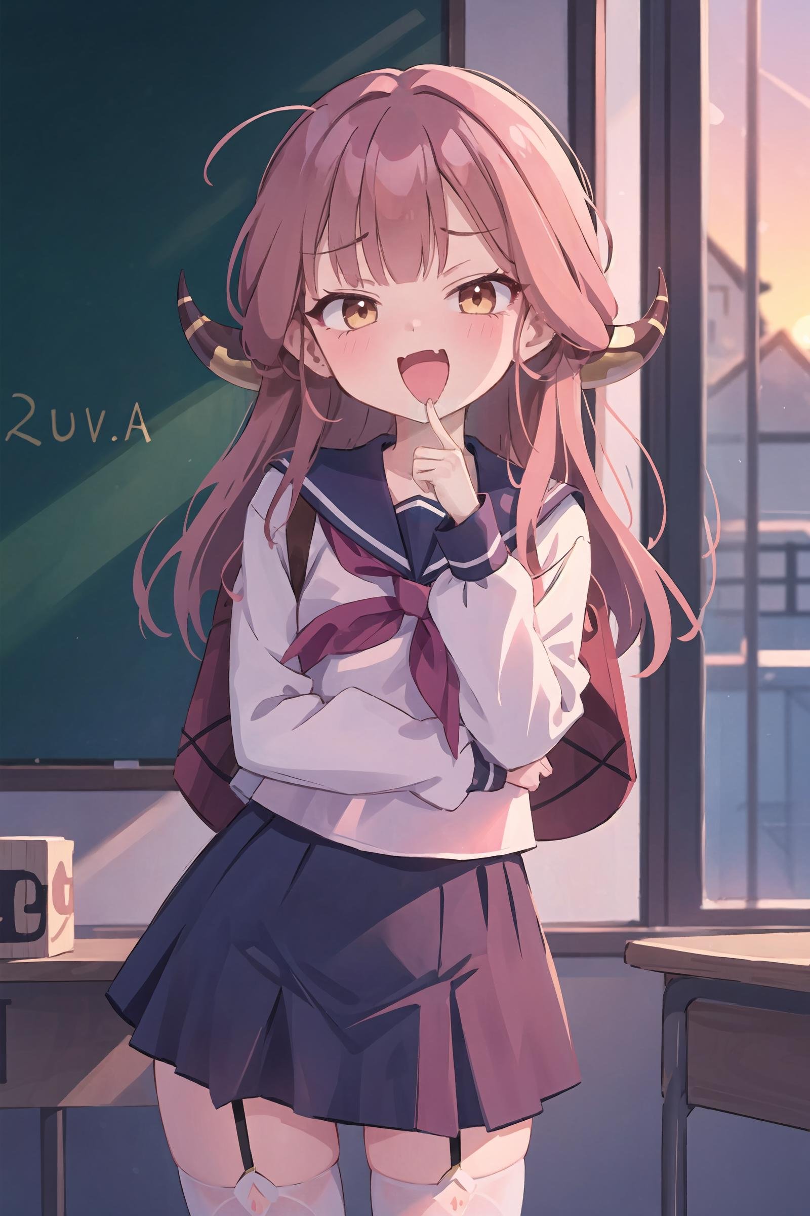 1girl, aru \(blue archive\), solo, horns, serafuku, white thighhighs, looking at viewer, smug, open mouth, naughty face, ojou-sama pose,  <lora:Smug:0.8>, classroom, indoors, blurry background, cowboy shot, windows, sunset, masterpiece