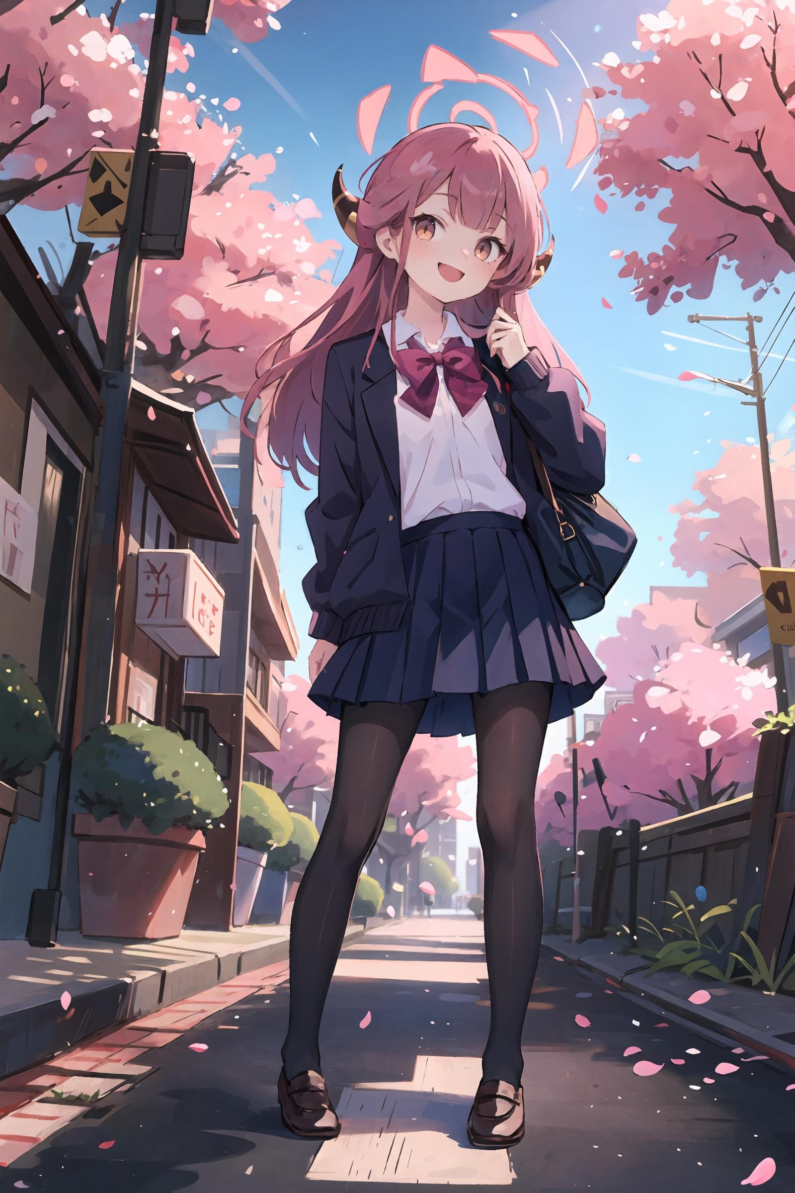 1girl,  aru \(blue archive\), horns, solo, school uniform, white collared shirt, sweater, pleated skirt, black pantyhose, light smile, looking at viewer, outdoors, street, cherry blossoms, petals, depth of field, masterpiece