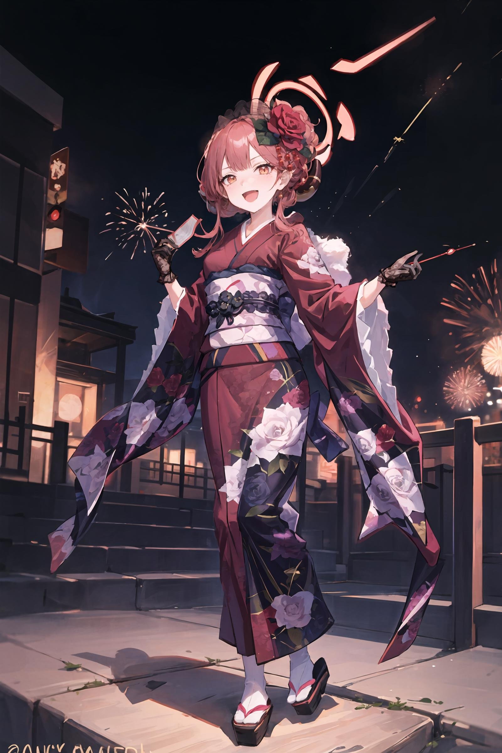 1girl, aru \(blue archive\), solo, fur-trimmed kimono, lace gloves, horns, hair flower, halo, obi, sash, tabi, single hair bun, zouri, standing, full body, holding fireworks, smile, open mouth, night, outdoors, blurry background, masterpiece