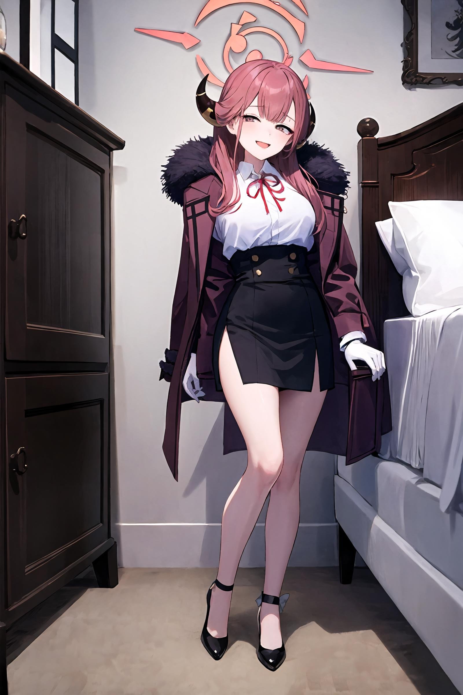 1girl, aru \(blue archive\), solo, halo, horns, high-waist skirt, white gloves, white shirt, fur-trimmed coat, high heels, neck ribbon, anklet, looking at viewer, seductive smile, ecstasy, gasping, finger to cheek,  standing, full body, bedroom, indoors, blurry background, <lora:face-sensualface_type4:0.8>, masterpiece