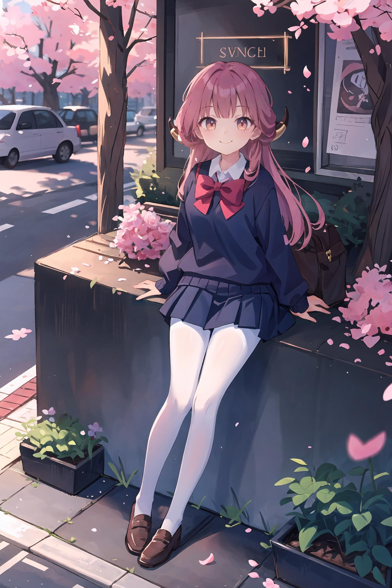 1girl,  aru \(blue archive\), horns, solo, school uniform, white collared shirt, sweater, pleated skirt, black pantyhose, light smile, looking at viewer, outdoors, street, cherry blossoms, petals, depth of field, masterpiece