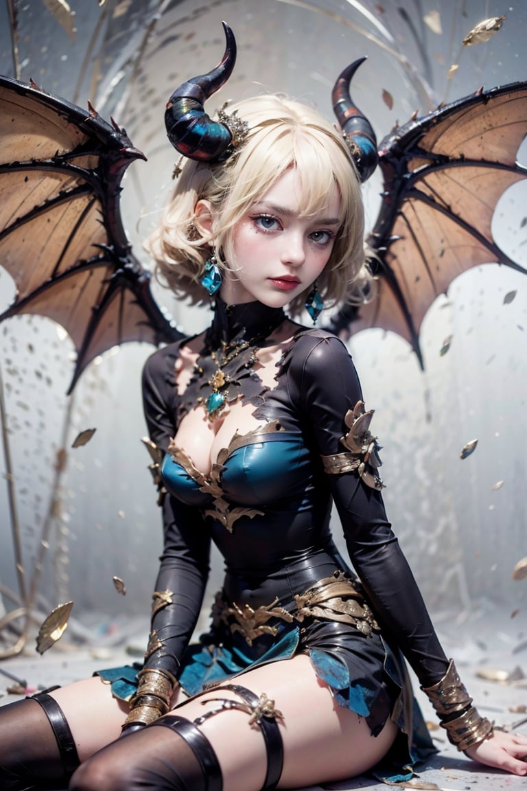 female, ((masterpiece, best quality, ultra detailed, absurdres),looking at viewer, short hair, bangs, blue eyes, blonde hair, thighhighs, long sleeves, dress, cleavage, jewelry, medium breasts, sitting,upper body, weapon, earrings, wings, horns, black thighhighs, lips, covered navel, blue dress, demon girl, demon horns, gem, bridal gauntlets, pelvic curtain, demon wings on back, arms at sides,red lips,demonhorns, viewed_from_behind, 