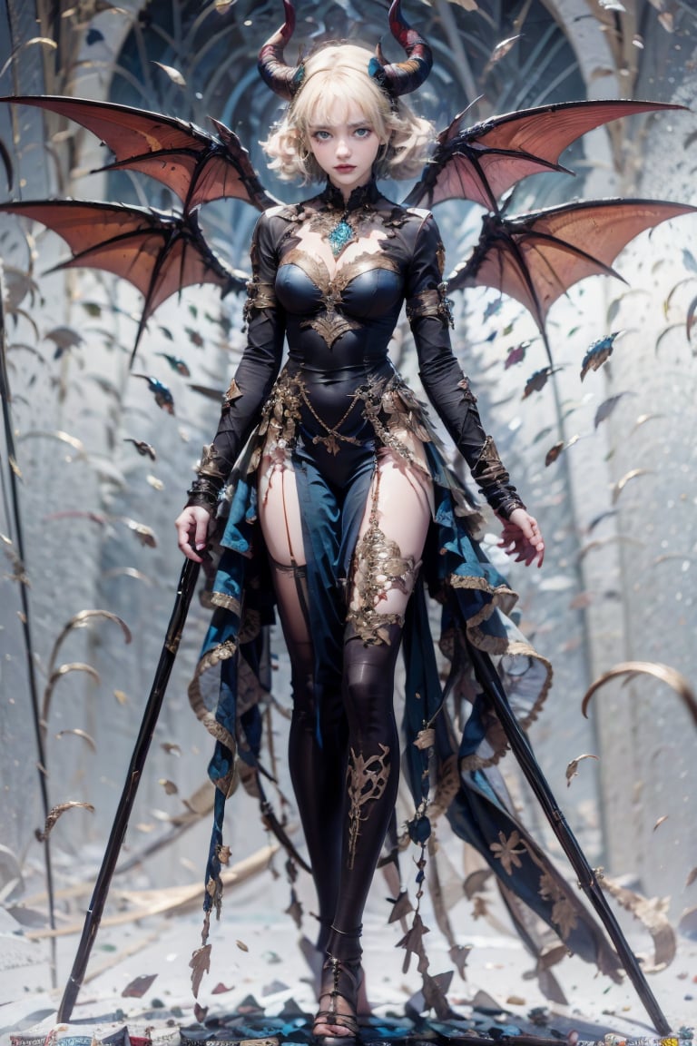 female, ((masterpiece, best quality, ultra detailed, absurdres),looking at viewer, short hair, bangs, blue eyes, blonde hair, thighhighs, long sleeves, dress, cleavage, jewelry, medium breasts, standing, full body, weapon, earrings, wings, horns, black thighhighs, lips, covered navel, blue dress, demon girl, demon horns, gem, bridal gauntlets, pelvic curtain, demon wings, arms at sides,red lips,demonhorns