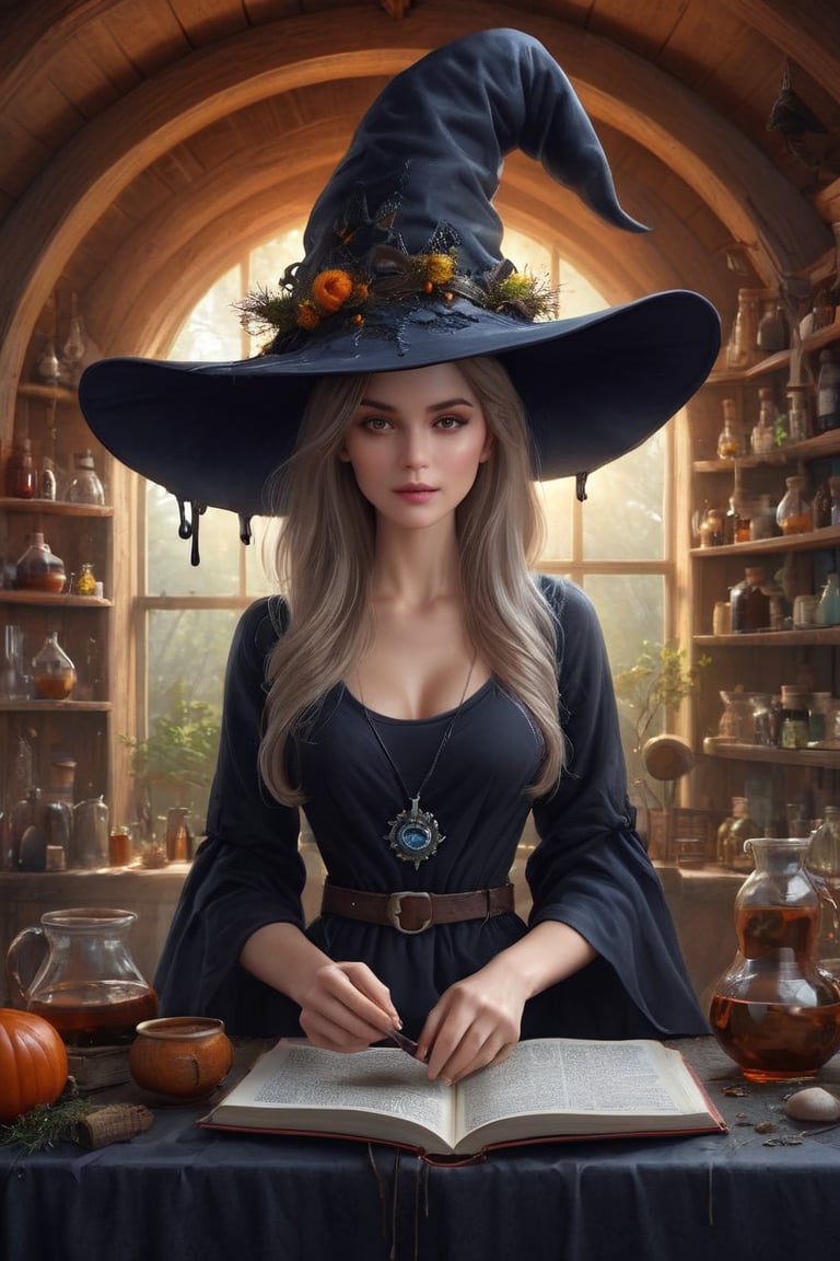 A witch making a potion in her workshop, wearing a inkycapwitchhat with gills and drips, bookshelves, potion bottles, detailed setting, witch at work, colorful mystic fog, cauldron ,InkyCapWitchyHat
