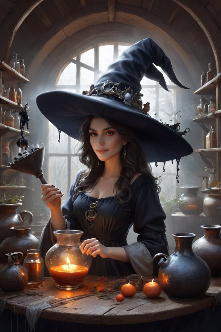 A witch making a potion in her workshop, wearing a inkycapwitchhat with gills and drips, bookshelves, potion bottles, detailed setting, witch at work, colorful mystic fog, cauldron ,InkyCapWitchyHat