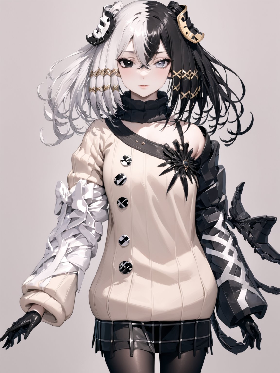 //Quality,
masterpiece, best quality, detailed
,//Character,
solo,
,//Fashion,
,//Background,
simple_background
,//Others,
,Antilene_Heran_Fouche \(overlord\), 1girl, black eyes, grey eyes, heterochromia, two-tone hair,  hair between eyes, bangs, hair ornament, long sleeves, bare shoulder, gloves, sweater, skirt, pantyhose