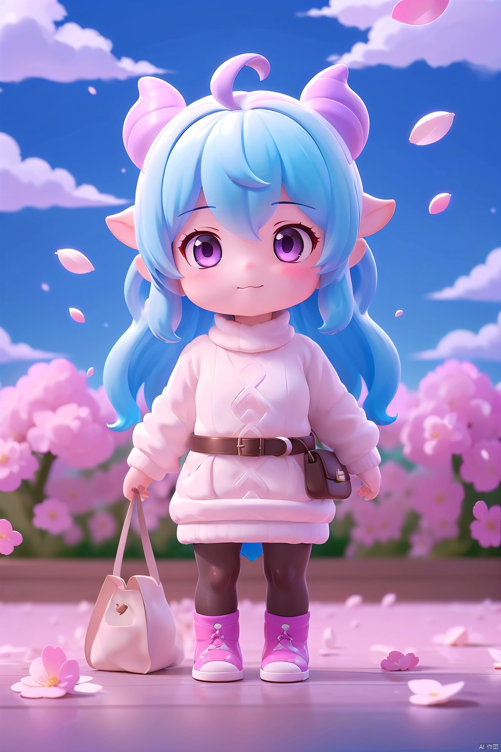  1girl, solo, long hair, breasts, looking at viewer, blush, bangs, long sleeves, dress, holding, hair between eyes, closed mouth, blue hair, purple eyes, flower, ahoge, pantyhose, sidelocks, outdoors, food, horns, sky, alternate costume, day, belt, cloud, bag, sweater, black pantyhose, petals, holding food, casual, handbag, ice cream, sweater dress, goat horns, falling petals, ice cream cone, purple sweater, ganyu \(genshin impact\)