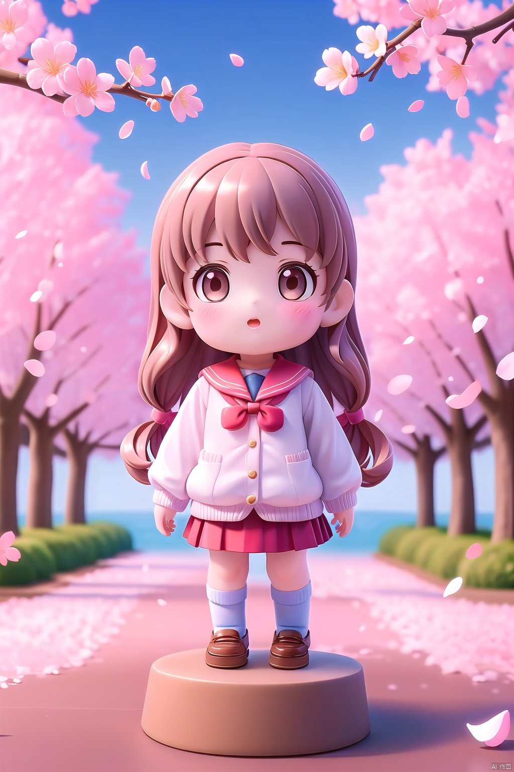  1girl, solo, long hair, looking at viewer, blush, open mouth, bangs, skirt, brown hair, shirt, long sleeves, brown eyes, school uniform, standing, upper body, flower, outdoors, parted lips, sky, serafuku, day, hand up, sailor collar, tree, blue sky, neckerchief, sleeves past wrists, petals, cardigan, blue sailor collar, cherry blossoms, red neckerchief, white cardigan