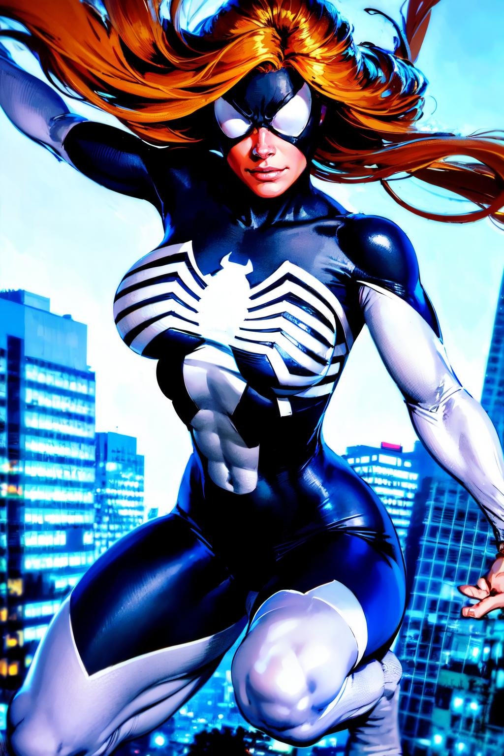 a woman floating in the air, swinging like spiderman,holding white ropes, spider webs, in a cityy sky, beautiful eyes, beautiful girl, high detail skin, high detail eyes, high detail hair, highres, ultra detailed, sharpen picture, Highly detailed, masterpiece, best quality, photorealistic, <lora:Spider WomanLora:1> 1girl, long hair, bodysuit, spider-girl, skin tight, superhero, mask:1.2