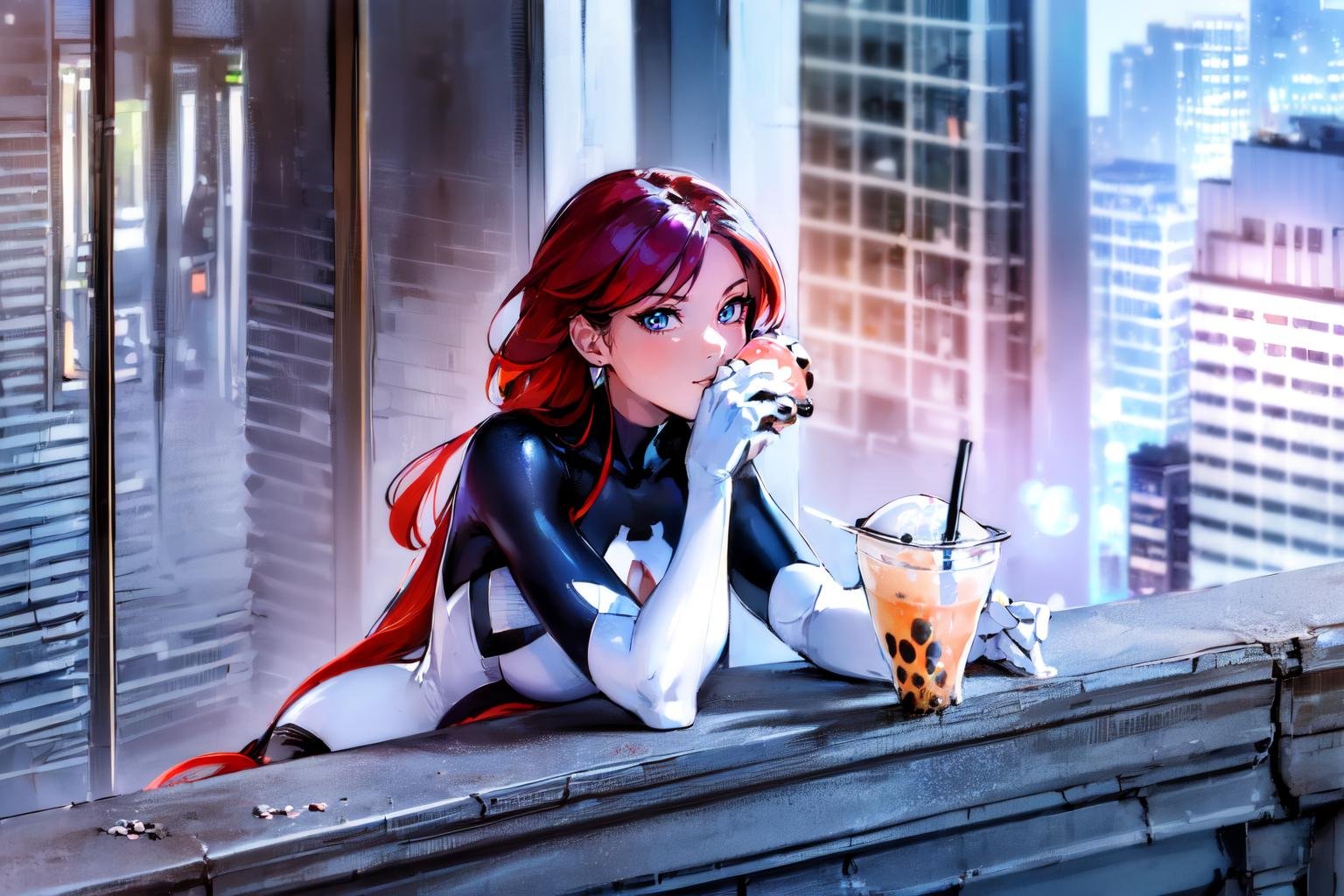 (((a woman sitting on a ledge holding a bubbletea in der hand))), beautiful eyes, beautiful girl, high detail skin, high detail eyes, high detail hair, highres, ultra detailed, sharpen picture, Highly detailed, masterpiece, best quality, photorealistic, <lora:Spider WomanLora:1> 1girl, long hair, bodysuit, spider-girl, skin tight, superhero, 