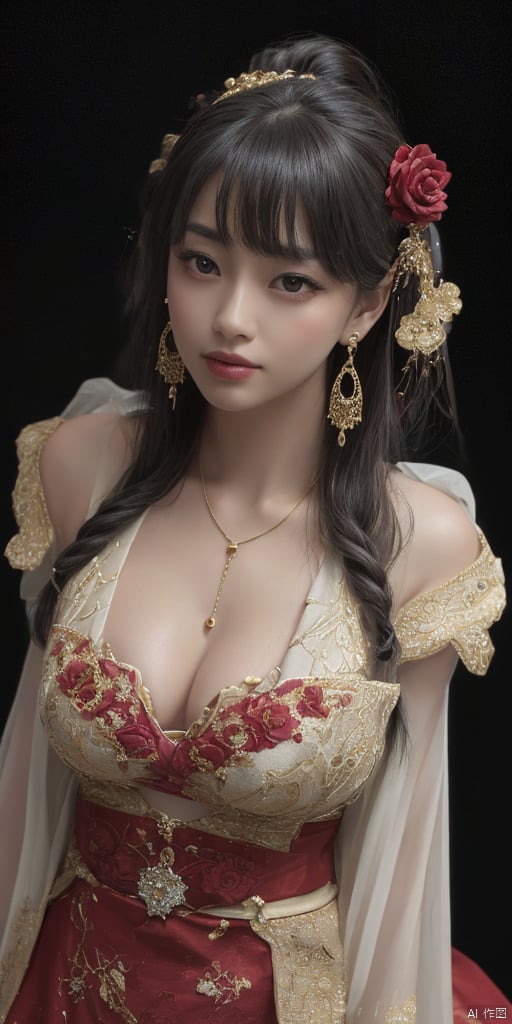  1girl,Han Chinese girls,yellow Hanfu,chinese clothes,large breasts,red rose,jewelry, earrings,lips, makeup, portrait, eyeshadow, realistic, nose,{{best quality}}, {{masterpiece}}, {{ultra-detailed}}, {illustration}, {detailed light}, {an extremely delicate and beautiful}, a girl, {beautiful detailed eyes}, stars in the eyes, messy floating hair, colored inner hair, Starry sky adorns hair, depth of field, large breasts,cleavage,blurry, no humans, traditional media, gem, crystal, still life, Dance,movements, All the Colours of the Rainbow,zj,
simple background, shiny, blurry, no humans, depth of field, black background, gem, crystal, realistic, red gemstone, still life,
