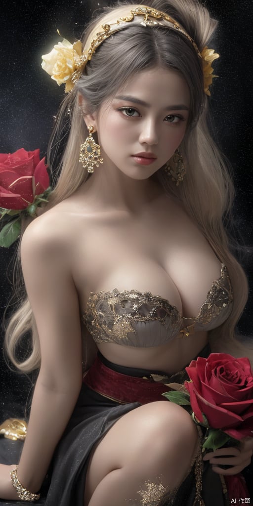  1girl,Han Chinese girls,yellow Hanfu,chinese clothes,large breasts,red rose,jewelry, earrings,lips, makeup, portrait, eyeshadow, realistic, nose,{{best quality}}, {{masterpiece}}, {{ultra-detailed}}, {illustration}, {detailed light}, {an extremely delicate and beautiful}, a girl, {beautiful detailed eyes}, stars in the eyes, messy floating hair, colored inner hair, Starry sky adorns hair, depth of field, large breasts,cleavage,blurry, no humans, traditional media, gem, crystal, still life, Dance,movements, All the Colours of the Rainbow,zj,
simple background, shiny, blurry, no humans, depth of field, black background, gem, crystal, realistic, red gemstone, still life,
