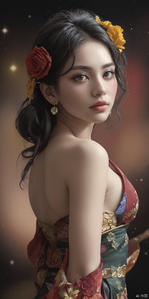  1girl,Han Chinese girls,yellow Hanfu,chinese clothes,large breasts,red rose,jewelry, earrings,lips, makeup, portrait, eyeshadow, realistic, nose,{{best quality}}, {{masterpiece}}, {{ultra-detailed}}, {illustration}, {detailed light}, {an extremely delicate and beautiful}, a girl, {beautiful detailed eyes}, stars in the eyes, messy floating hair, colored inner hair, Starry sky adorns hair, depth of field, large breasts,cleavage,blurry, no humans, traditional media, gem, crystal, still life, Dance,movements, All the Colours of the Rainbow,zj,
simple background, shiny, blurry, no humans, depth of field, black background, gem, crystal, realistic, red gemstone, still life,
