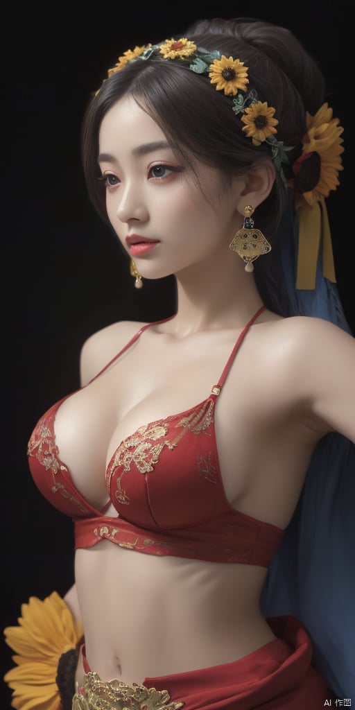  1girl,Han Chinese girls,yellow Hanfu,chinese clothes,large breasts,sunflower,jewelry, earrings,lips, makeup, portrait, eyeshadow, realistic, nose,{{best quality}}, {{masterpiece}}, {{ultra-detailed}}, {illustration}, {detailed light}, {an extremely delicate and beautiful}, a girl, {beautiful detailed eyes}, stars in the eyes, messy floating hair, colored inner hair, Starry sky adorns hair, depth of field, large breasts,cleavage,blurry, no humans, traditional media, gem, crystal, still life, Dance,movements, All the Colours of the Rainbow,zj,
simple background, shiny, blurry, no humans, depth of field, black background, gem, crystal, realistic, red gemstone, still life,
