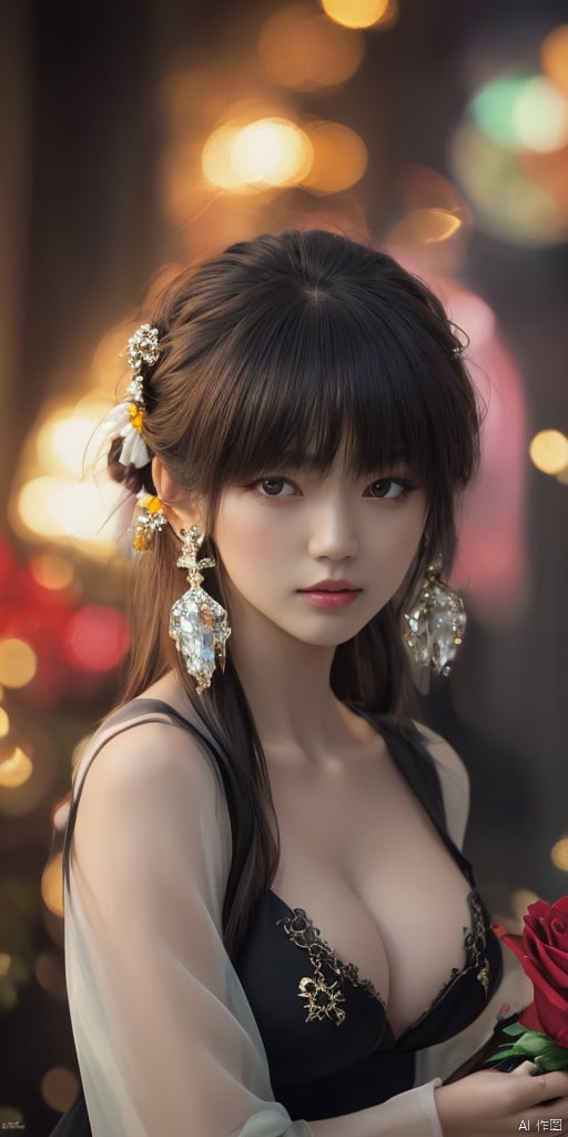  1girl,Han Chinese girls,yellow Hanfu,chinese clothes,large breasts,red rose,jewelry, earrings,lips, makeup, portrait, eyeshadow, realistic, nose,{{best quality}}, {{masterpiece}}, {{ultra-detailed}}, {illustration}, {detailed light}, {an extremely delicate and beautiful}, a girl, {beautiful detailed eyes}, stars in the eyes, messy floating hair, colored inner hair, Starry sky adorns hair, depth of field, large breasts,cleavage,blurry, no humans, traditional media, gem, crystal, still life, Dance,movements, All the Colours of the Rainbow,zj,
simple background, shiny, blurry, no humans, depth of field, black background, gem, crystal, realistic, red gemstone, still life,
