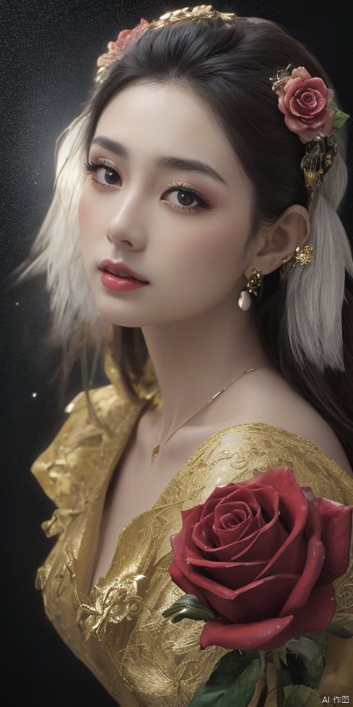  1girl,Han Chinese girls,yellow Hanfu,chinese clothes,large breasts,red rose,jewelry, earrings,lips, makeup, portrait, eyeshadow, realistic, nose,{{best quality}}, {{masterpiece}}, {{ultra-detailed}}, {illustration}, {detailed light}, {an extremely delicate and beautiful}, a girl, {beautiful detailed eyes}, stars in the eyes, messy floating hair, colored inner hair, Starry sky adorns hair, depth of field, large breasts,cleavage,blurry, no humans, traditional media, gem, crystal, still life, Dance,movements, All the Colours of the Rainbow,zj,
simple background, shiny, blurry, no humans, depth of field, black background, gem, crystal, realistic, red gemstone, still life,
