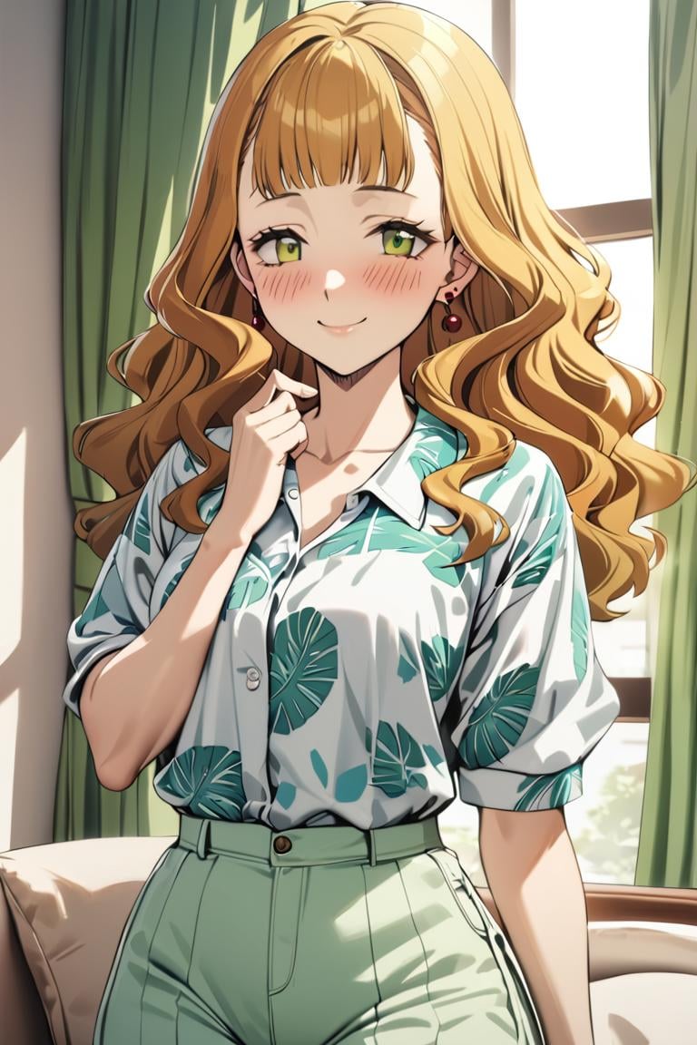 masterpiece, best quality, ultra detailed, cute, 1girl, mimosa vermillion, green eyes , wavy hair, earrings,casual clothes, hawai shirt, printed, checkered shirt, oversized shirt, tucked in, pants, layered pants, drapes, , blush, smile ,cowboy shot, looking at viewer, best quality, absurdres, best aesthetic<lora:MimosaVermillion_XL-000009:1>