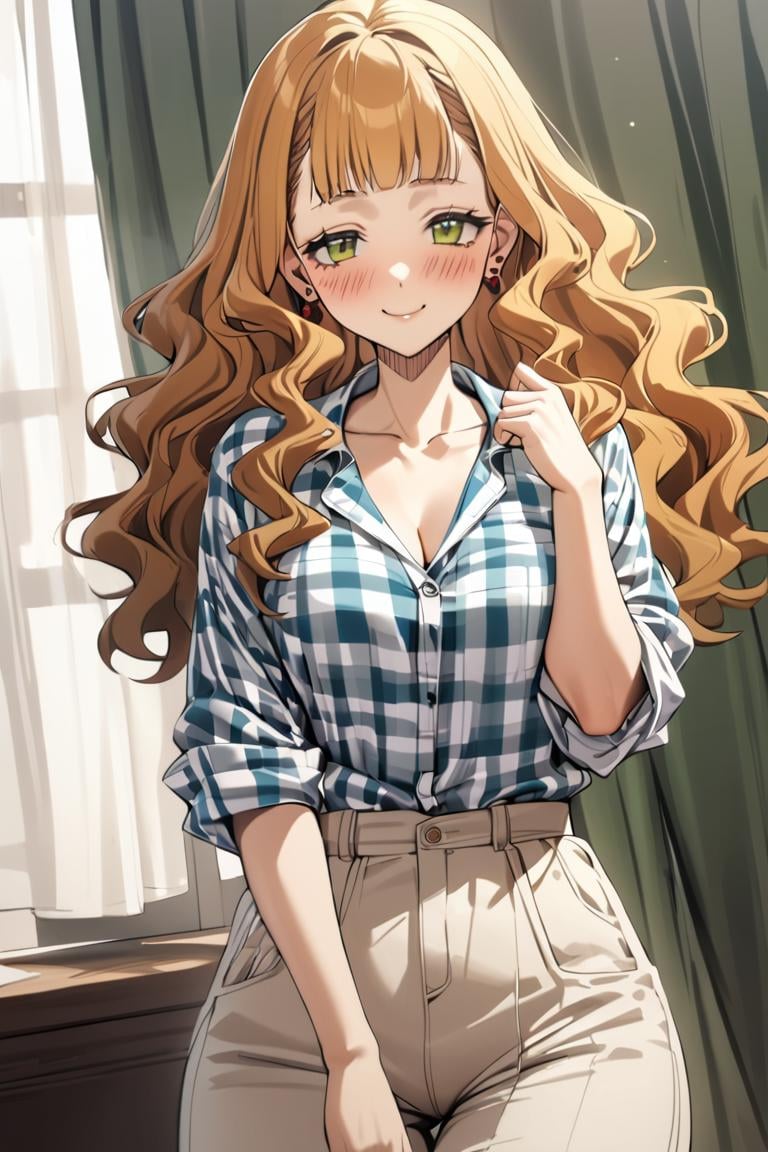 masterpiece, best quality, ultra detailed, cute, 1girl, mimosa vermillion, green eyes , wavy hair, earrings,casual clothes, hawai shirt, printed, checkered shirt, oversized shirt, tucked in, pants, layered pants, drapes, , blush, smile ,cowboy shot, looking at viewer, best quality, absurdres, best aesthetic<lora:MimosaVermillion_XL-000009:1>