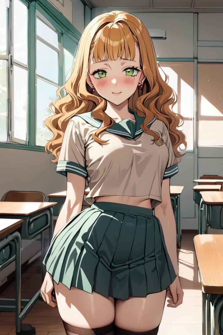 masterpiece, best quality, ultra detailed, cute, 1girl, mimosa vermillion, green eyes , wavy hair, earrings,school unifrom, serafuku, skirt, stockings, indoors, school , classroom, blush, light smile ,cowboy shot, looking at viewer, best quality, absurdres, best aesthetic<lora:MimosaVermillion_XL-000009:1>