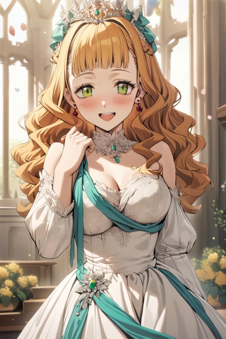 masterpiece, best quality, ultra detailed, cute, 1girl, mimosa vermillion, green eyes , wavy hair, earrings,frilled dress, prairie, bow, ribbon, beautiful dress, royal dress, dress ornaments, jewelry, tiara, crown, gem,:D, blush, smile ,cowboy shot, looking at viewer, best quality, absurdres, best aesthetic<lora:MimosaVermillion_XL-000009:1>