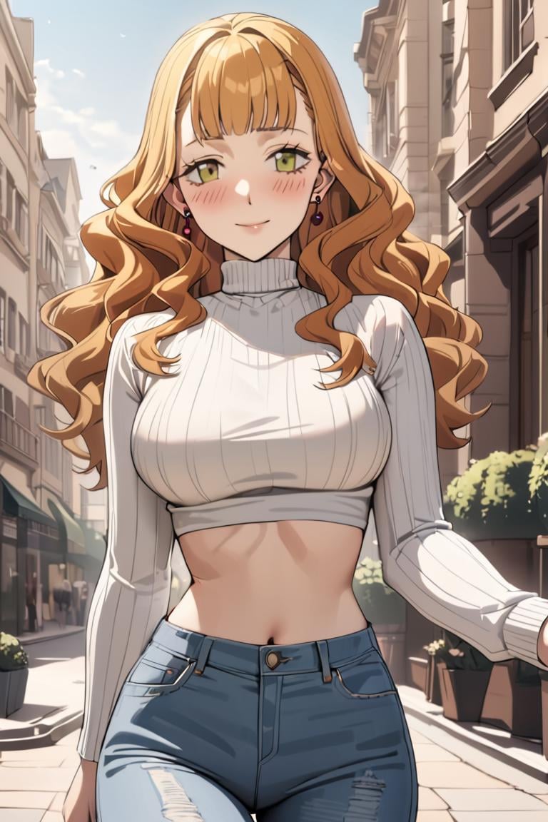 masterpiece, best quality, ultra detailed, cute, 1girl, mimosa vermillion, green eyes , wavy hair, earrings,turtle neck, crop top, long sleeves, jeans, elegant, outdoors, modern,, blush, light smile ,cowboy shot, looking at viewer, best quality, absurdres, best aesthetic<lora:MimosaVermillion_XL-000009:1>