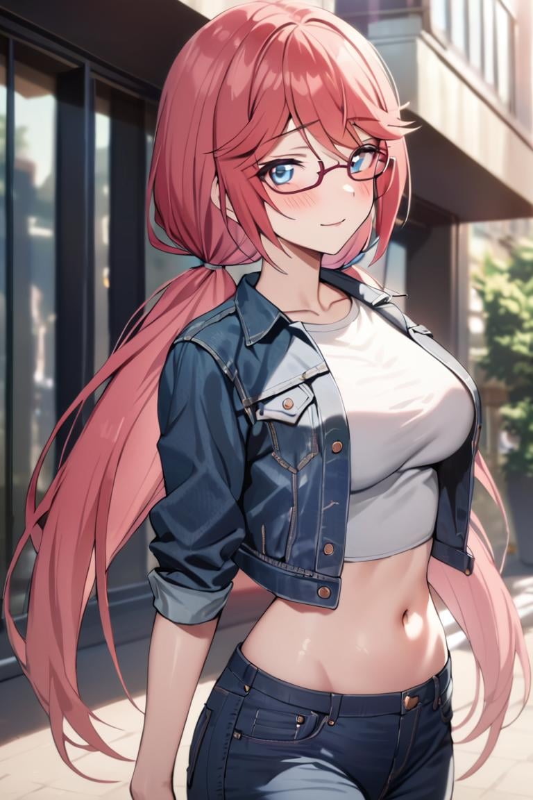 masterpiece, best quality, , cute,1girl, solo, female, airi sakura, blue eyes,, long hair, red hair, low twintails, glasses,crop top, jacket, denim jacket, jeans, outdoors, daylight, sun light, navel,  blush, light smile, cowboy shot, looking at viewer, colorful, vivid,best quality, absurdres, very aesthetic, best aesthetic <lora:Airi_sakura_XL:0.9>