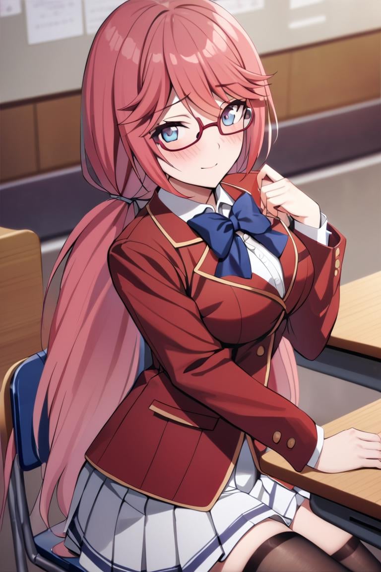 masterpiece, best quality, , cute,1girl, solo, female, airi sakura, blue eyes,, long hair, red hair, low twintails, glasses,school uniform, bow tie, red jacket, white skirt, pleated skirt, stockings, classroom, school, desk, chair, sitting,  blush, light smile, cowboy shot, looking at viewer,best quality, absurdres, very aesthetic, best aesthetic <lora:Airi_sakura_XL:0.9>