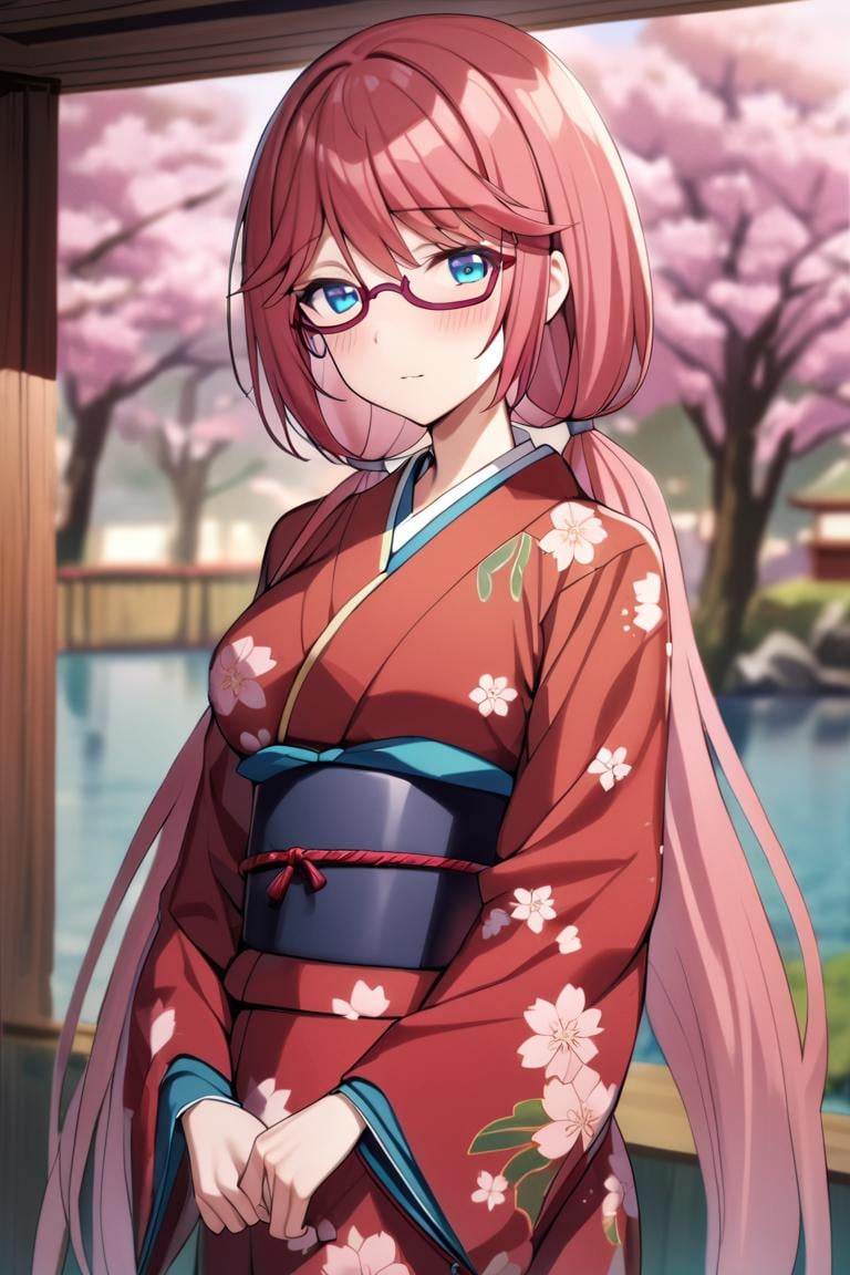 masterpiece, best quality, , cute,1girl, solo, female, airi sakura, blue eyes,, long hair, red hair, low twintails, glasses,kimono, japanese clothes, floral print, japanese background, sakura tree, cherry blossom, upper body, blush,, cowboy shot, looking at viewer, colorful, vivid,best quality, absurdres, very aesthetic, best aesthetic <lora:Airi_sakura_XL:0.9>