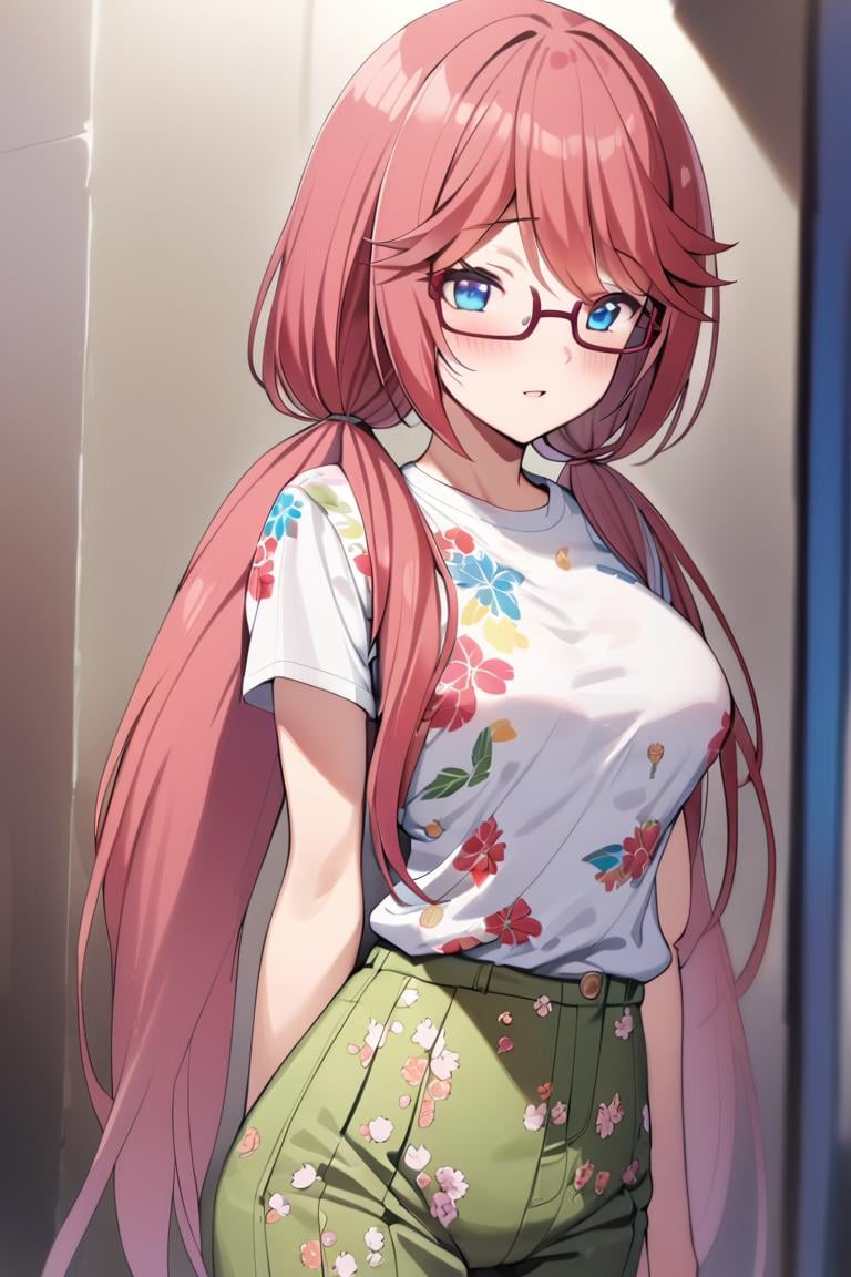 masterpiece, best quality, , cute,1girl, solo, female, airi sakura, blue eyes,, long hair, red hair, low twintails, glasses,printed shirt, floral print, tucked in, , pleated pants, , blush,, cowboy shot, looking at viewer, colorful, vivid,best quality, absurdres, very aesthetic, best aesthetic <lora:Airi_sakura_XL:0.9>