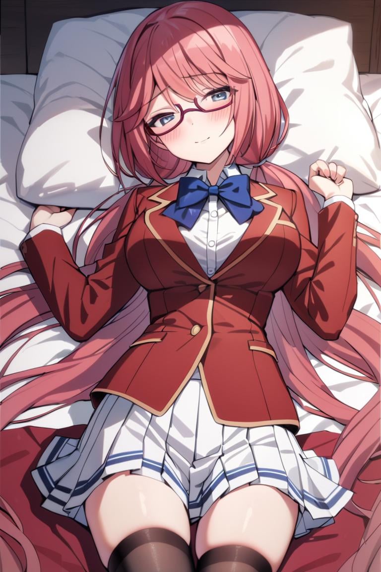 masterpiece, best quality, , cute,1girl, solo, female, airi sakura, blue eyes,, long hair, red hair, low twintails, glasses, school uniform, bow tie, red jacket, white skirt, pleated skirt, stockings, bed, lying on bed, on back, , indoors, from above,, upper body, blush, light smile, cowboy shot, looking at viewer,best quality, absurdres, very aesthetic, best aesthetic <lora:Airi_sakura_XL:0.9>