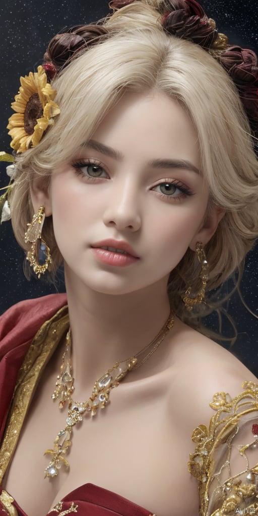  1girl,Han Chinese girls,sparkle,yellow Hanfu,chinese clothes,large breasts,sunflower,jewelry, earrings,lips, makeup, portrait, eyeshadow, realistic, nose,{{best quality}}, {{masterpiece}}, {{ultra-detailed}}, {illustration}, {detailed light}, {an extremely delicate and beautiful}, a girl, {beautiful detailed eyes}, stars in the eyes, messy floating hair, colored inner hair, Starry sky adorns hair, depth of field, large breasts,cleavage,blurry, no humans, traditional media, gem, crystal, still life, Dance,movements, All the Colours of the Rainbow,zj,
simple background, shiny, blurry, no humans, depth of field, black background, gem, crystal, realistic, red gemstone, still life,
