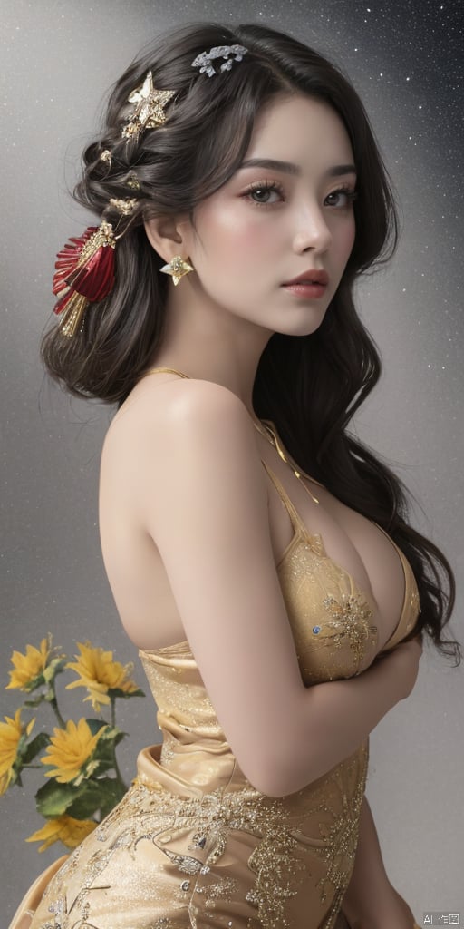  1girl,Han Chinese girls,sparkle,yellow Hanfu,chinese clothes,large breasts,sunflower,jewelry, earrings,lips, makeup, portrait, eyeshadow, realistic, nose,{{best quality}}, {{masterpiece}}, {{ultra-detailed}}, {illustration}, {detailed light}, {an extremely delicate and beautiful}, a girl, {beautiful detailed eyes}, stars in the eyes, messy floating hair, colored inner hair, Starry sky adorns hair, depth of field, large breasts,cleavage,blurry, no humans, traditional media, gem, crystal, still life, Dance,movements, All the Colours of the Rainbow,zj,
simple background, shiny, blurry, no humans, depth of field, black background, gem, crystal, realistic, red gemstone, still life,
