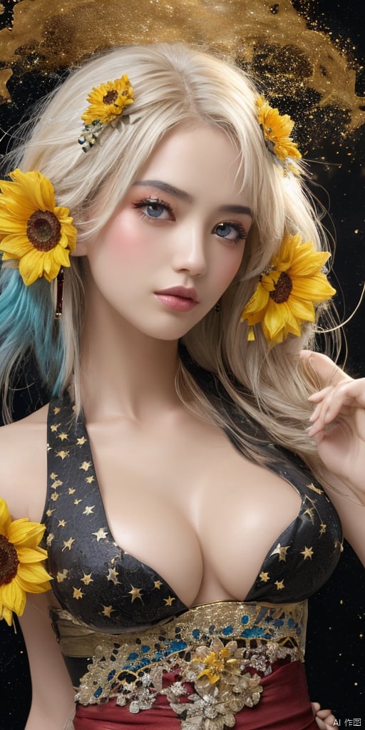  1girl,Han Chinese girls,sparkle,yellow Hanfu,chinese clothes,large breasts,sunflower,jewelry, earrings,lips, makeup, portrait, eyeshadow, realistic, nose,{{best quality}}, {{masterpiece}}, {{ultra-detailed}}, {illustration}, {detailed light}, {an extremely delicate and beautiful}, a girl, {beautiful detailed eyes}, stars in the eyes, messy floating hair, colored inner hair, Starry sky adorns hair, depth of field, large breasts,cleavage,blurry, no humans, traditional media, gem, crystal, still life, Dance,movements, All the Colours of the Rainbow,zj,
simple background, shiny, blurry, no humans, depth of field, black background, gem, crystal, realistic, red gemstone, still life,
