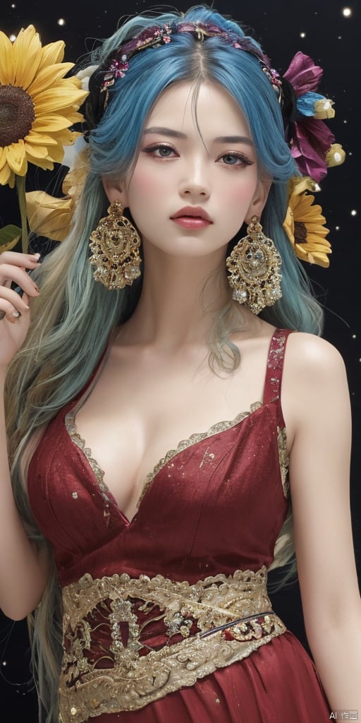  1girl,Han Chinese girls,sparkle,yellow Hanfu,chinese clothes,large breasts,sunflower,jewelry, earrings,lips, makeup, portrait, eyeshadow, realistic, nose,{{best quality}}, {{masterpiece}}, {{ultra-detailed}}, {illustration}, {detailed light}, {an extremely delicate and beautiful}, a girl, {beautiful detailed eyes}, stars in the eyes, messy floating hair, colored inner hair, Starry sky adorns hair, depth of field, large breasts,cleavage,blurry, no humans, traditional media, gem, crystal, still life, Dance,movements, All the Colours of the Rainbow,zj,
simple background, shiny, blurry, no humans, depth of field, black background, gem, crystal, realistic, red gemstone, still life,
