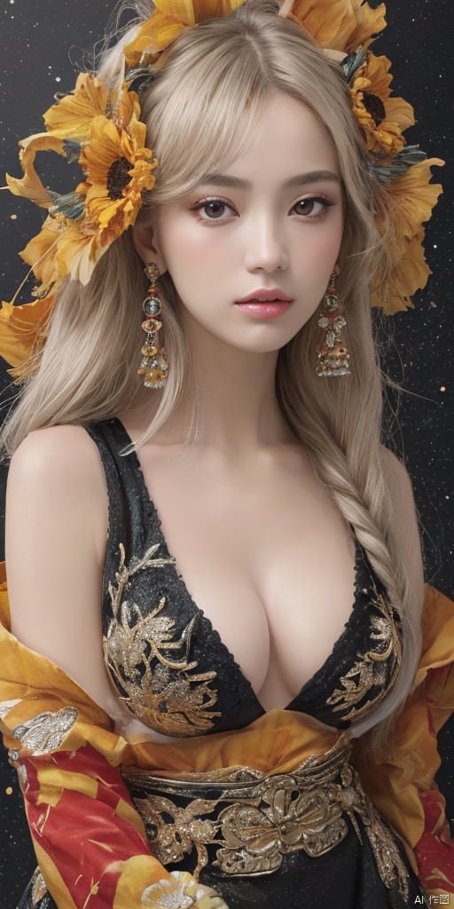  1girl,Han Chinese girls,sparkle,yellow Hanfu,chinese clothes,large breasts,sunflower,jewelry, earrings,lips, makeup, portrait, eyeshadow, realistic, nose,{{best quality}}, {{masterpiece}}, {{ultra-detailed}}, {illustration}, {detailed light}, {an extremely delicate and beautiful}, a girl, {beautiful detailed eyes}, stars in the eyes, messy floating hair, colored inner hair, Starry sky adorns hair, depth of field, large breasts,cleavage,blurry, no humans, traditional media, gem, crystal, still life, Dance,movements, All the Colours of the Rainbow,zj,
simple background, shiny, blurry, no humans, depth of field, black background, gem, crystal, realistic, red gemstone, still life,
