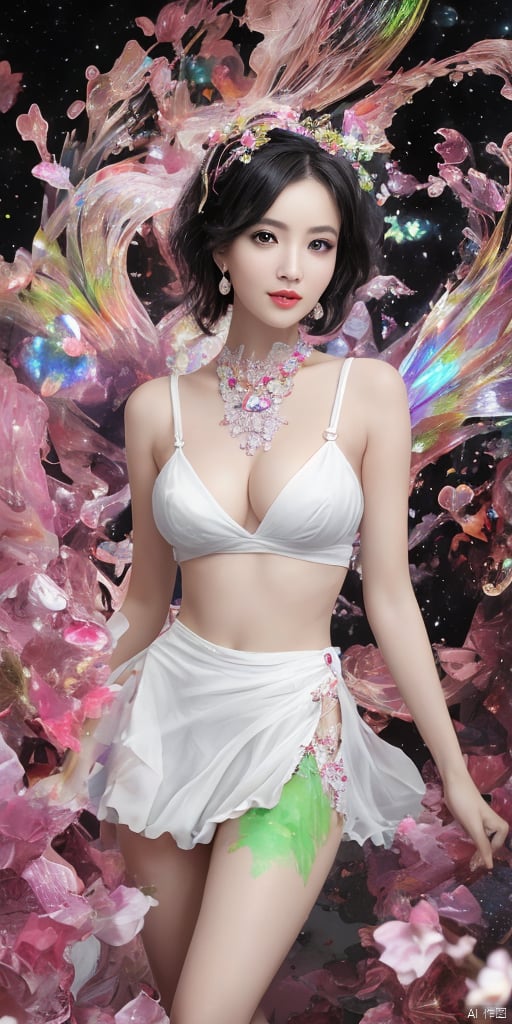  (1girl:1.2),Chinese girls,stars in the eyes,Roma Women's Sheer Mesh Skirt with Stars Print for Rave/Festival(Short skirt:1.4),(1girl:1.3),Masterpiece, high quality, 1girl, extreme detailed, (fractal art:1.3), colorful, highest detailed, (chiffon, body painting:1.2), 8k, digital art, macro photo, quantum dots, sharp focus, dark shot, cinematic, Microworld, thigh, (upper thighs shot:1.2), front view,(pure girl:1.1),(white dress:1.1),(full body:0.6),There are many scattered luminous petals,bubble,contour deepening,(white_background:1.1),cinematic angle,,underwater,adhesion,green long upper shan, 21yo girl,jewelry, earrings,lips, makeup, portrait, eyeshadow, realistic, nose,{{best quality}}, {{masterpiece}}, {{ultra-detailed}}, {illustration}, {detailed light}, {an extremely delicate and beautiful}, a girl, {beautiful detailed eyes}, stars in the eyes, messy floating hair, colored inner hair, Starry sky adorns hair, depth of field, large breasts,cleavage,blurry, no humans, traditional media, gem, crystal, still life, Dance,movements, All the Colours of the Rainbow,halo,cable,realistic,smile,nail polish,lips,bow,zj,
simple background, shiny, blurry, no humans, depth of field, black background, gem, crystal, realistic, red gemstone, still life,
, wings, jewels
 1girl,Fairyland Collection Dark Fairy Witch Spirit Forest with Magic Ball On Crystal Stone Figurine, 
, hand, thighhighs, jewels