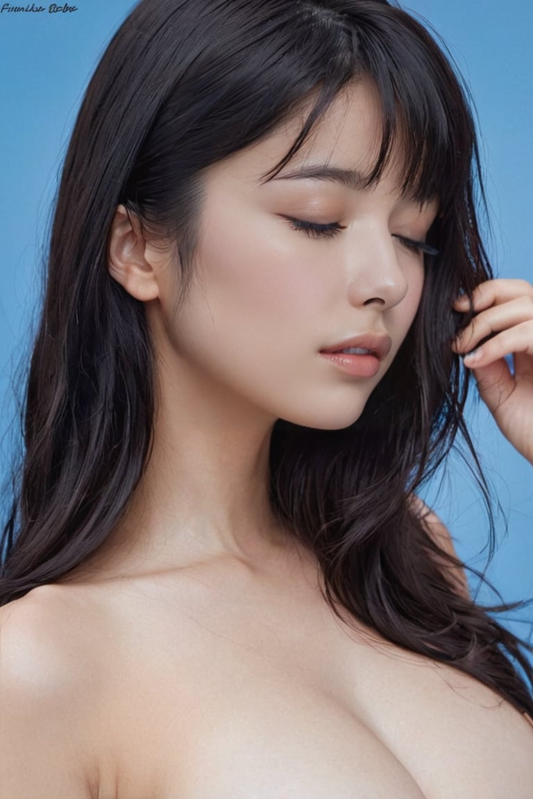 1girl,solo,long hair,breasts,bangs,black hair,medium breasts,closed mouth,closed eyes,upper body,nude,mole,lips,mole under eye,profile,blue background,realistic,nose,hair censor,hair over breasts