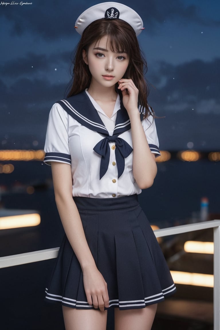 ((masterpiece, best quality, absurdres, highres, high quality, 8k raw)), (((full body standing portrait))) 1girl, freckles, eyelashes, eyeshadow, tall body, slim leg, petite body, blushed, (brown hair), perky,medium breasts, (((sailor uniform:1.4))), (hi-top fade:1.3), ((hololive gamers:1.5)), night, fog, (natural pale skin texture, hyperrealism, soft light, sharp), artistic photoshoot,