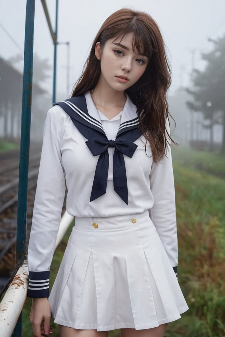 ((masterpiece, best quality, absurdres, highres, high quality, 8k raw)), (((full body standing portrait))) 1girl, freckles, eyelashes, eyeshadow, tall body, slim leg, petite body, blushed, (brown hair), perky,medium breasts, (((sailor uniform:1.4))), (hi-top fade:1.3), night, fog, (natural pale skin texture, hyperrealism, soft light, sharp), artistic photoshoot,