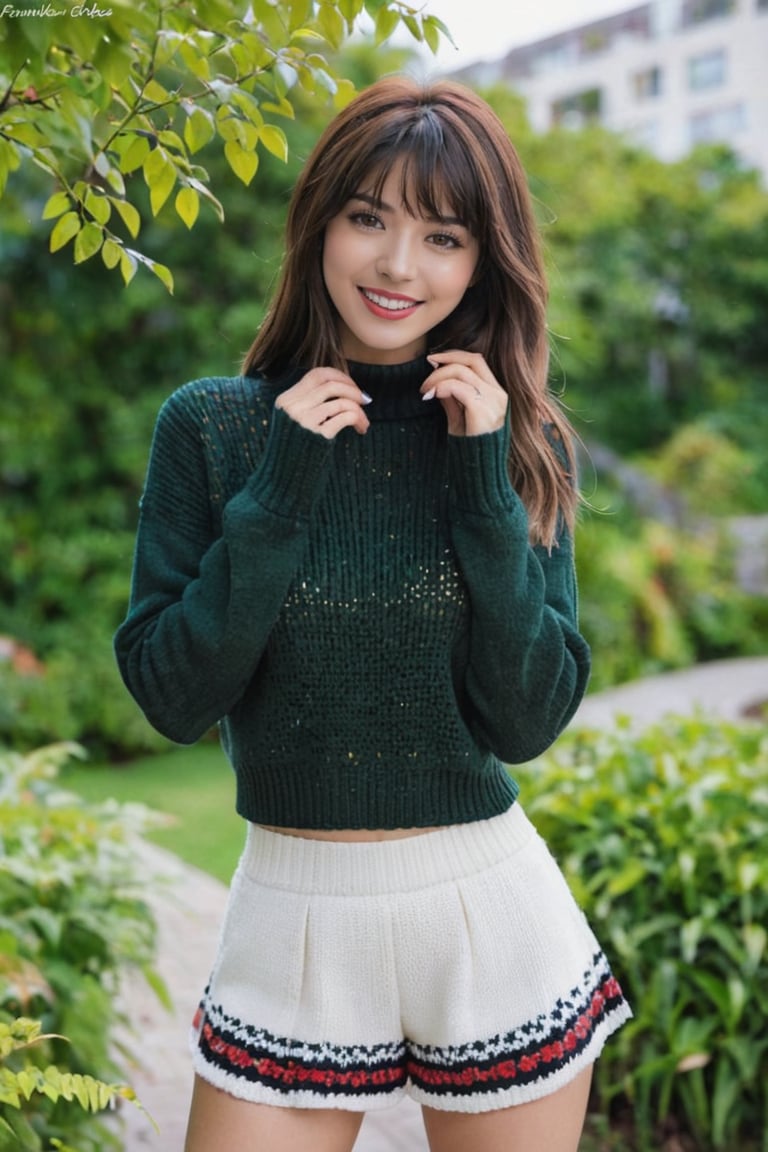 1girl,solo,long hair,looking at viewer,smile,bangs,skirt,brown hair,long sleeves,navel,brown eyes,standing,parted lips,shorts,midriff,nail polish,grin,blurry,sweater,crop top,fingernails,sleeves past wrists,makeup,turtleneck,plant,lipstick,white shorts,realistic,black sweater,cropped sweater