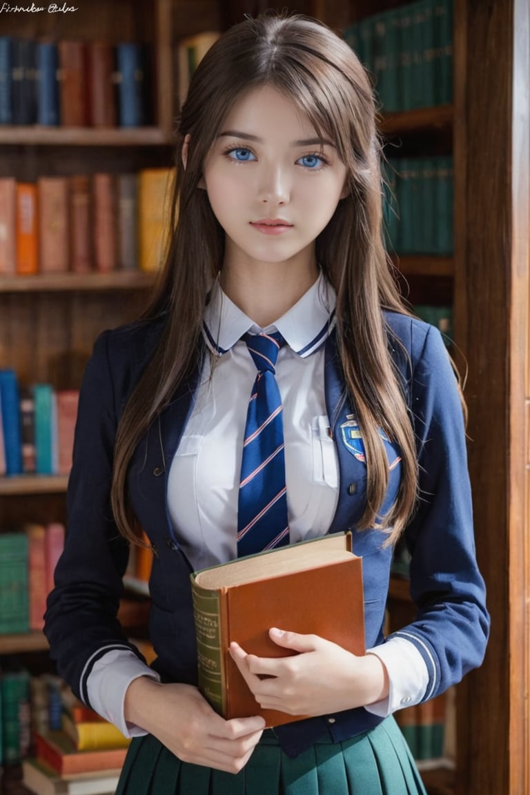 masterpiece,best quality, newest, (looking at viewer),1girl, wearing school uniform, long hair,blue eyes,(bookshelf,books),small breasts,nipples,